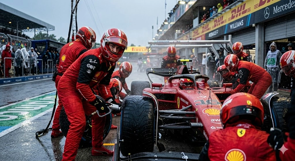 Піт-стоп команди Ferrari під час Гран-прі — момент, що часто змінює кефи в live ставках на Формулу 1